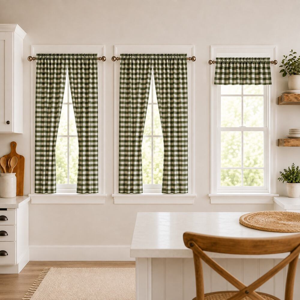 Green Gingham Check Curtains Set of 2 and Valance Polyester Cotton Cottage Core